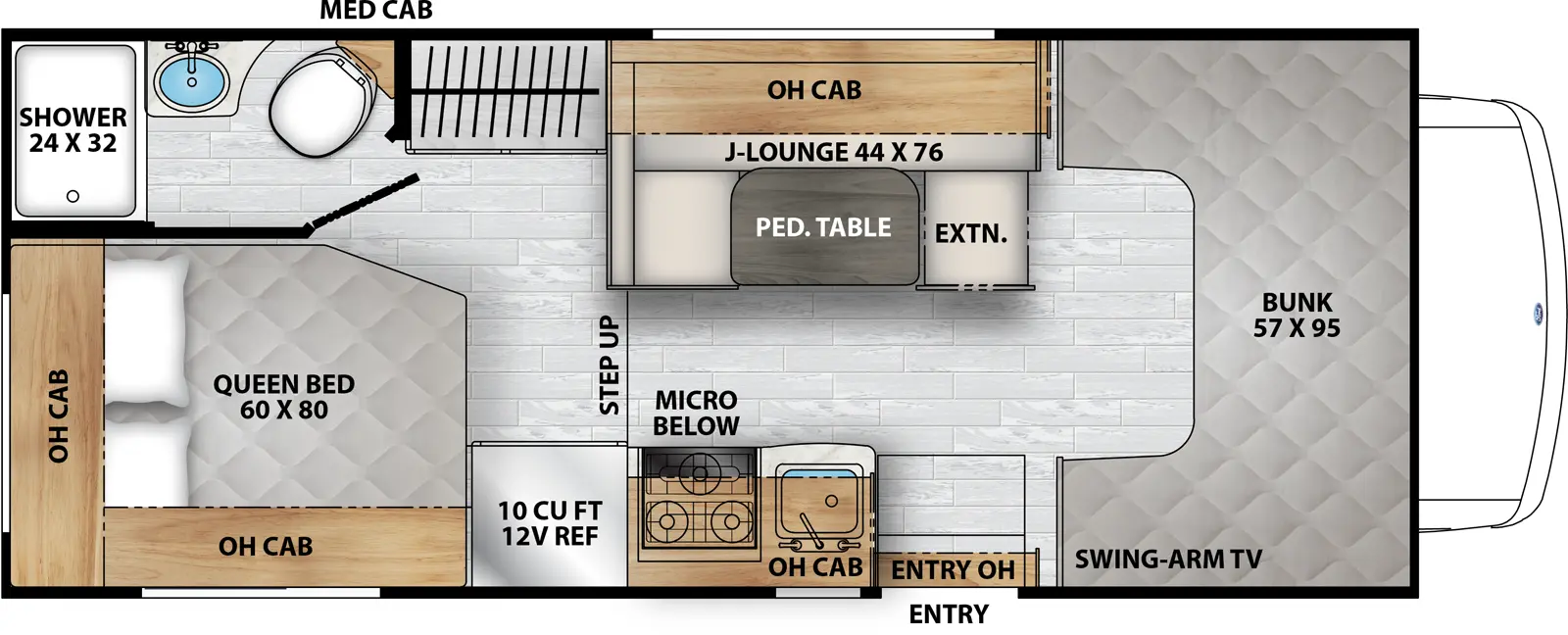 The Freelander 21QSS Chevy 3500 floorplan has one entry and zero slide outs. Exterior features include: 15' awning. Interiors features include: bunk over cab.